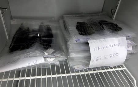 Packs of sterilised tilapia fish skin are displayed at Medicine Development Centre at the Federal University of Ceara in the northeastern costal city of Fortaleza, Brazil, April 18, 2017. REUTERS/Paulo Whitaker/Files