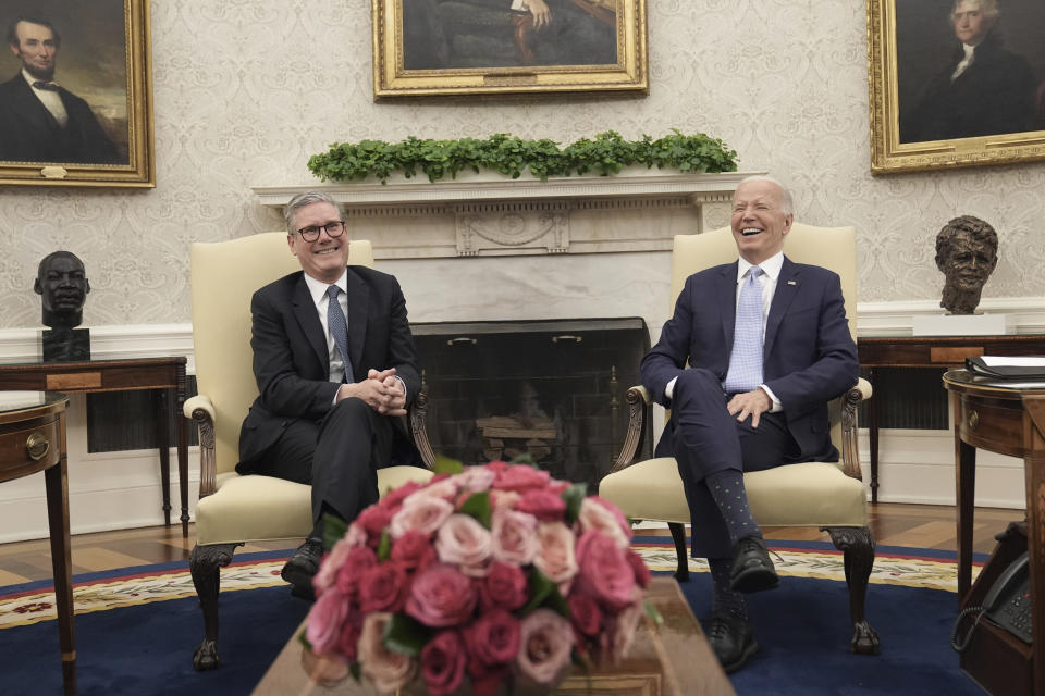 Britain's Prime Minister Keir Starmer, left, meets with U.S. President Joe Biden at the White House in Washington, D.C, during his visit to the United States to attend the NATO 75th anniversary summit, Wednesday, July 10, 2024. (Stefan Rousseau/Pool Photo via AP)