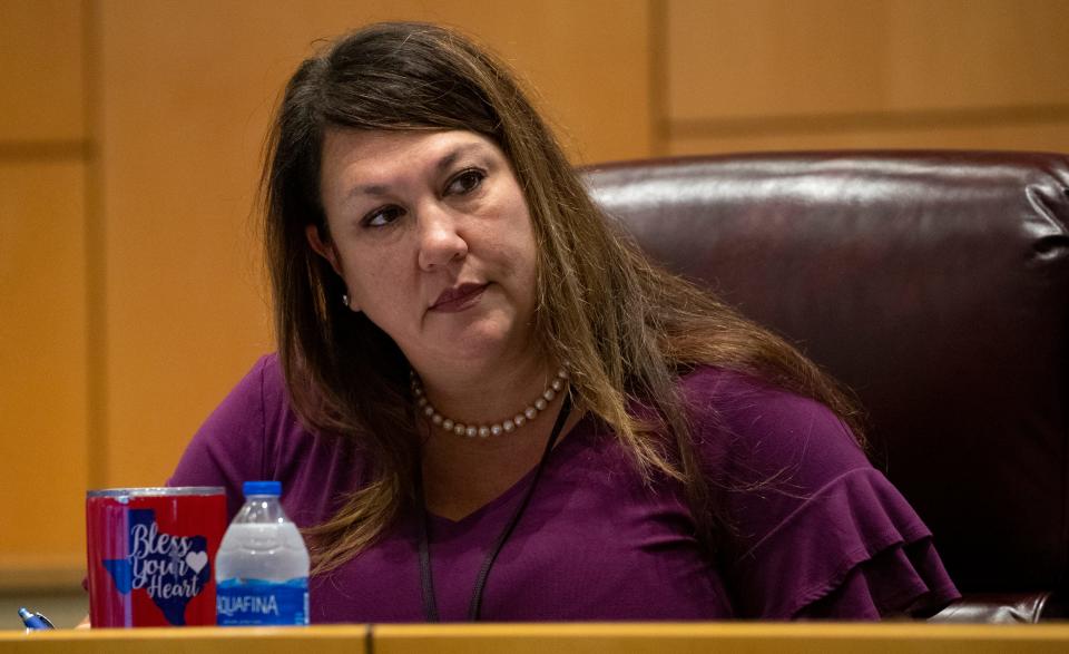 Cape Coral council member Jennifer Nelson. Cape Coral city council members held a third meeting Wednesday, April 13, 2022 on a proposed storm shutter ordinance. Members of the public were in attendance to voice their opinions during the open session.