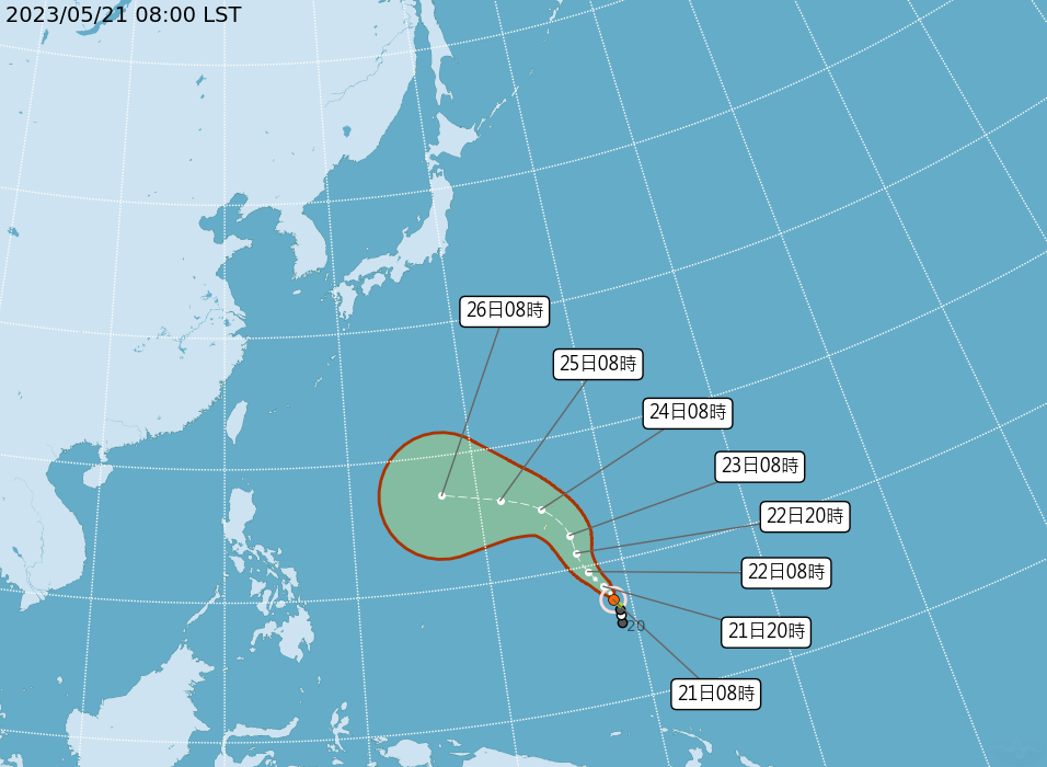今年第二號颱風瑪娃昨(20)日下午生成輕度颱風，並預計在明日增強為中度颱風。   圖：翻攝自中央氣象局官網