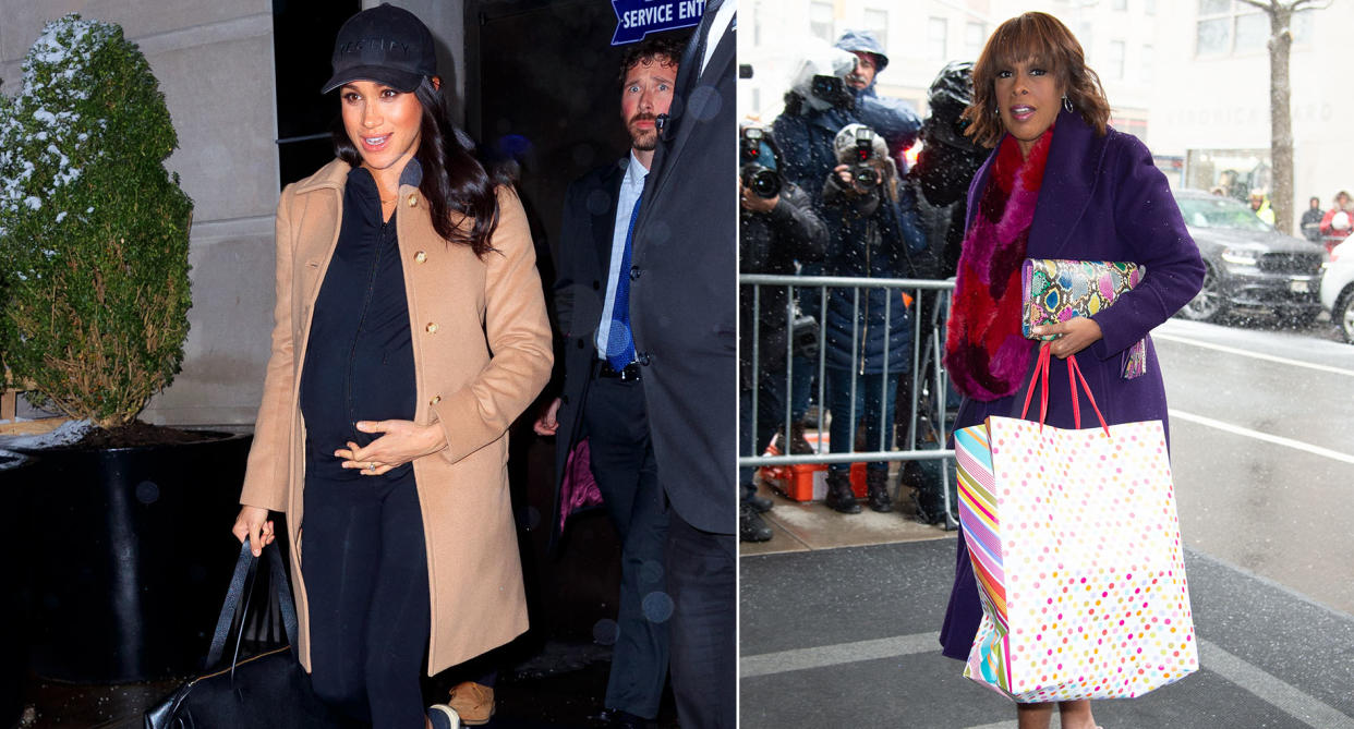 Meghan departs New York and Gayle King arriving at her baby shower [Photos: Getty]