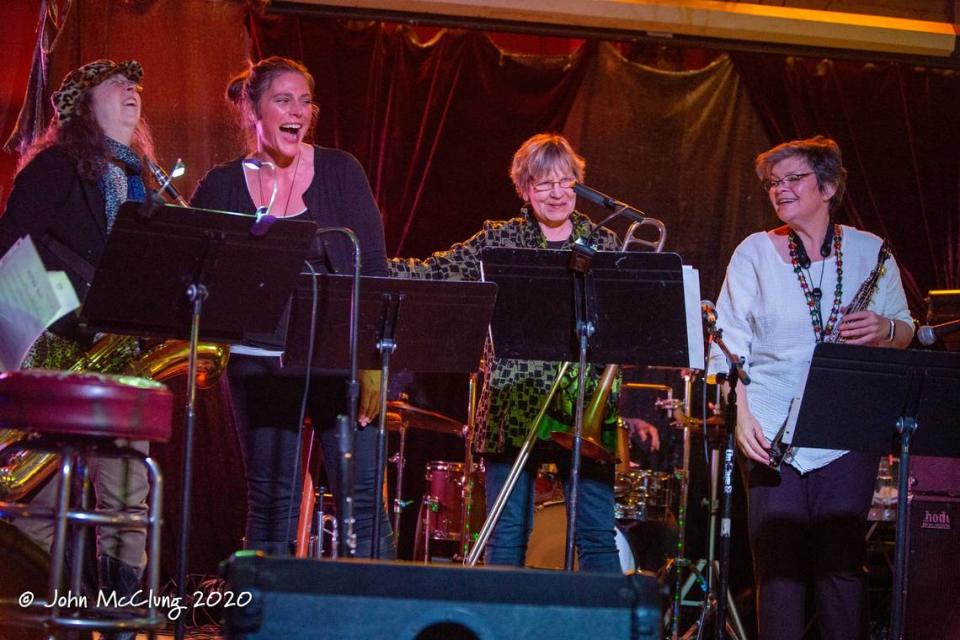 From left, musicians Nancy Curtis, Danielle Westbrook, Becky Liebman and Lisa Seifert play at the last Monday jazz night at Rhythm & Rye, on March 9, 2020.