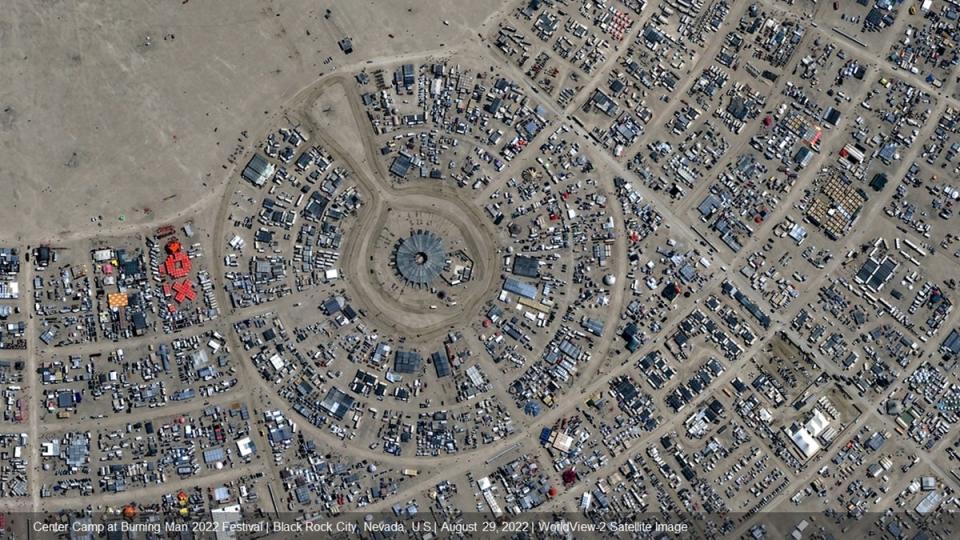 Motorists queue as they try to leave Burning Man festival (Satellite image/2022 Maxar Technologies)