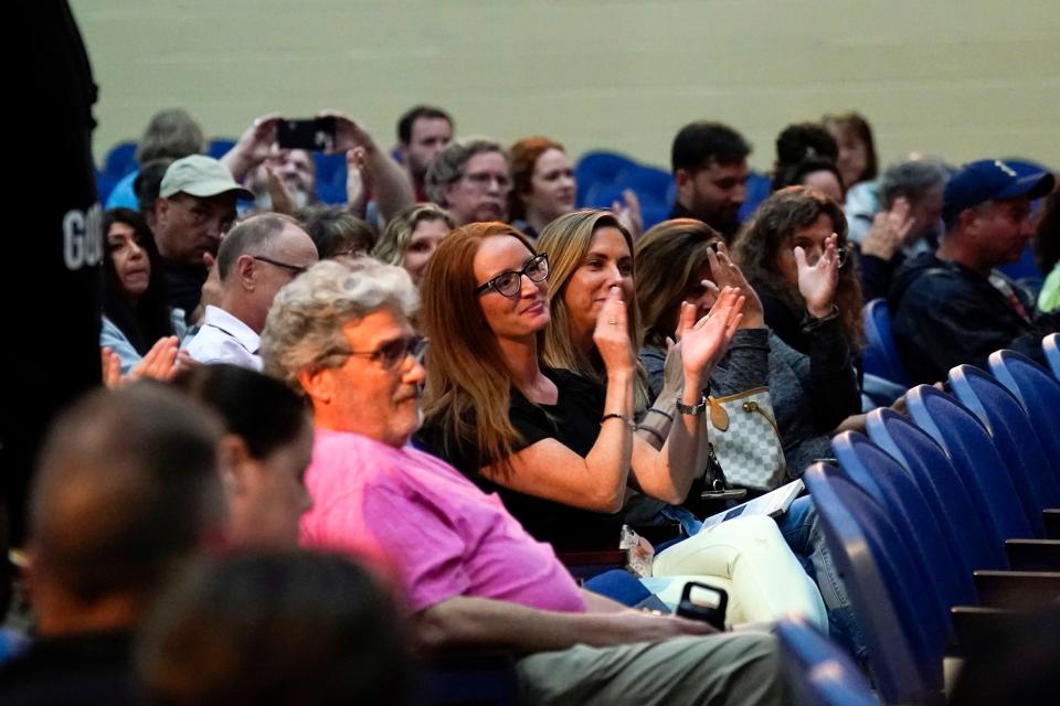 Those in attendance applaud a speaker during the public comment portion of the Roxbury board of education meeting in regards to banning certain LGBTQ+ books on Monday, June 12, 2023, at Roxbury High School.