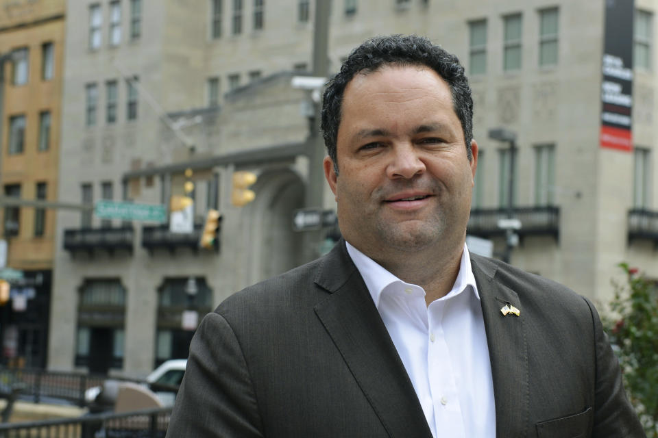 Ben Jealous, a former NAACP president who is running as the Democrat for governor of Maryland, poses for a photograph in Baltimore on Tuesday, Oct. 16, 2018, after talking to The Associated Press about his effort to unseat Republican Gov. Larry Hogan. Jealous said he would support broadening a new Maryland gun-control law to restrict firearms access to people found to be a risk to themselves or others, if elected governor. (AP Photo/David McFadden)