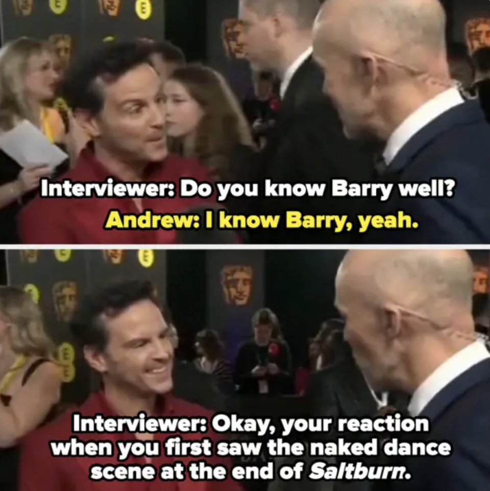 an interviewer asked Andrew for his reaction to Barry Keoghan's naked dance scene at the end of Saltburn