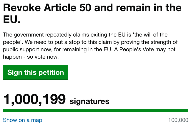 The petition passed a million signatures by 3pm on Thursday