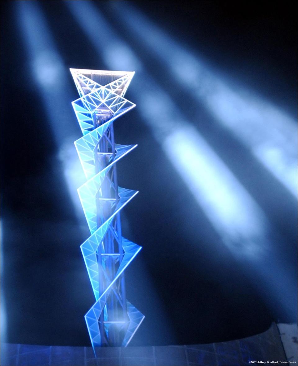 The Olympic cauldron is pictured after it was extinguished during the Salt Lake 2002 Winter Games closing ceremony at the University of Utah’s Rice-Eccles Stadium on Sunday, Feb. 24, 2002. | Jeffrey D. Allred, Deseret News