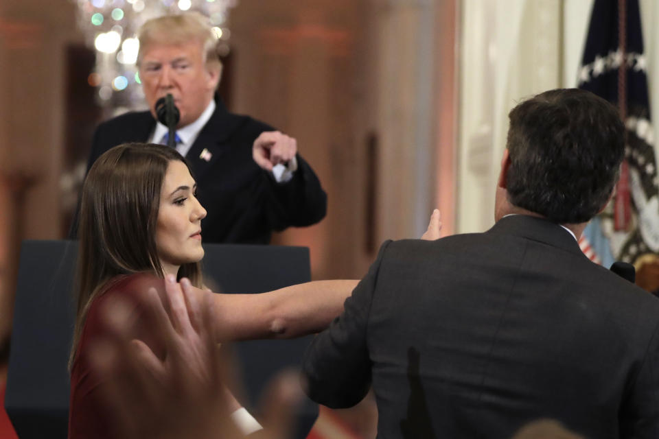 President Trump points to CNN’s Jim Acosta during a news conference in the East Room of the White House on Nov. 7, 2018. (Photo: Evan Vucci/AP)