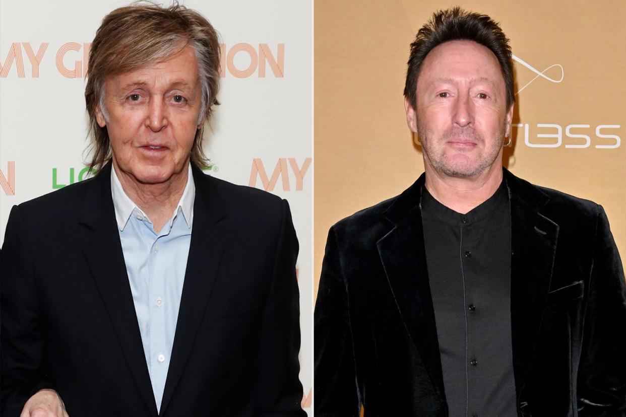 LONDON, ENGLAND - MARCH 14: Sir Paul McCartney attends a special screening of "My Generation" at the BFI Southbank on March 14, 2018 in London, England. (Photo by David M. Benett/Dave Benett/WireImage); WEST HOLLYWOOD, CALIFORNIA - NOVEMBER 03: Julian Lennon attends the 2022 amfAR Gala Los Angeles at Pacific Design Center on November 03, 2022 in West Hollywood, California. (Photo by Axelle/Bauer-Griffin/FilmMagic)