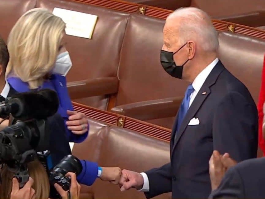 Liz Cheney and Joe Biden fist bump at president’s first address to a joint session of Congress (CSPAN)