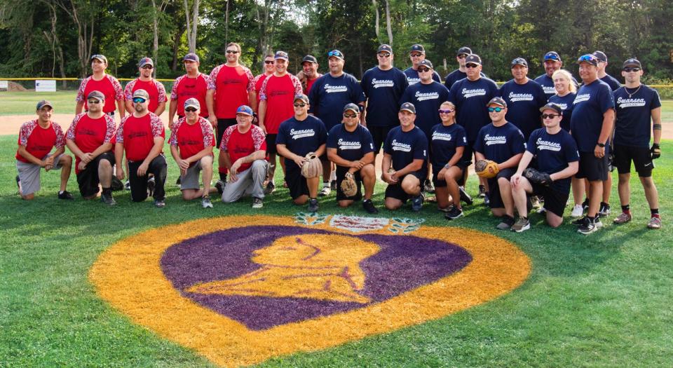 Swansea's police and fire departments played a friendly softball game as part of Purple Heart Day held Friday, Aug. 5, 2022 at Swansea Memorial Park.