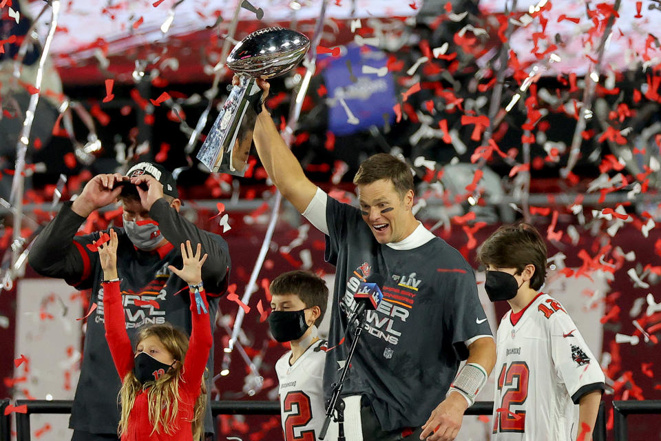 Tom Brady celebrates with the Lombardi Trophy after defeating the Kansas City Chiefs in Super Bowl LV at Raymond James Stadium on February 07, 2021 in Tampa, Florida. (Photo by Kevin C. Cox/Getty Images)