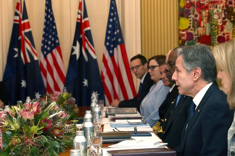 U.S. Secretary of State Antony Blinken talks to Australian Minister of Defense Richard Marles and Australian Foreign Minister Penny Wong during Session I at Queensland Government House in Brisbane, Australia, Saturday, July 29, 2023. (Pat Hoelscher/Pool Photo via AP)