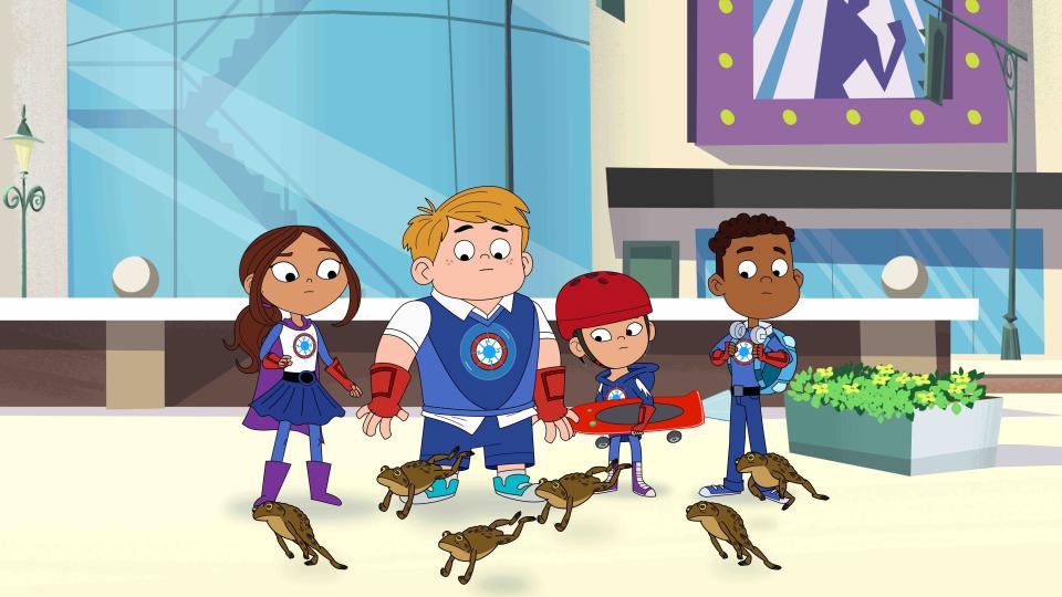 This image released by PBS Kids shows characters from the TV series "Hero Elementary," from left, Lucita Sky, Benny Bubbles, Sara Snap and AJ Gadgets, a superhero who has the ability to make super gadgets – and who also happens to be on the Autism spectrum. The series premieres Monday, June 1 on PBS stations. (PBS Kids via AP)