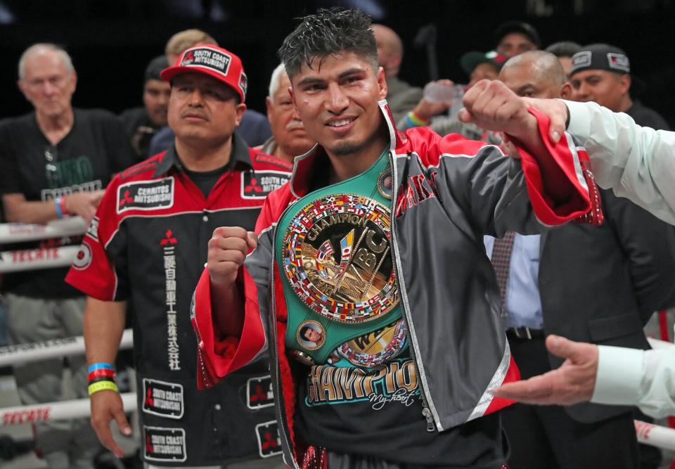 Mikey Garcia celebrates after defeating Jessie Vargas in a unanimous decision in a WBC Welterweight Diamond Championship bout at The Ford Center at The Star on February 29, 2020 in Frisco, Texas.