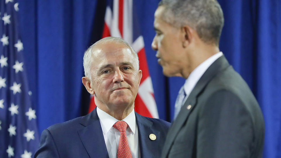 Malcolm Turnbull talks with Obama at the Asia-Pacific Economic Cooperation (APEC), in Lima, Peru, in 2016. Source: AAP