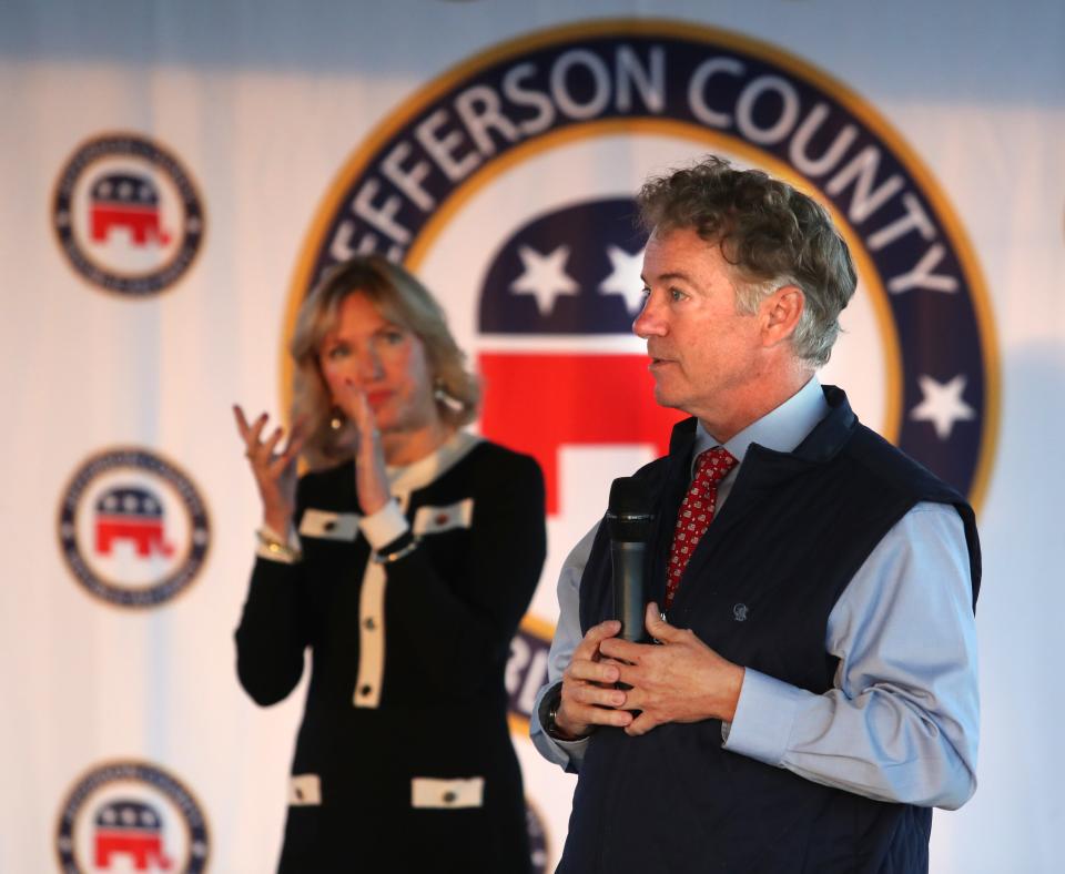 Senator Rand Paul and his wife Kelley spoke at a GOP “rally for education reform” on Friday.Oct. 28, 2022
