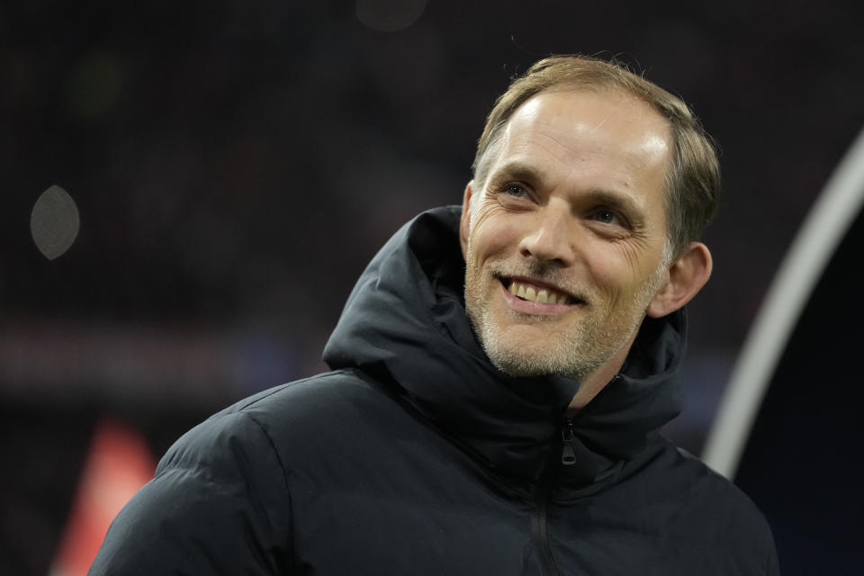 Bayern's head coach Thomas Tuchel smiles prior the start of the Champions League quarter final second leg soccer match between Bayern Munich and Arsenal at the Allianz Arena in Munich, Germany, Wednesday, April 17, 2024. (AP Photo/Matthias Schrader)