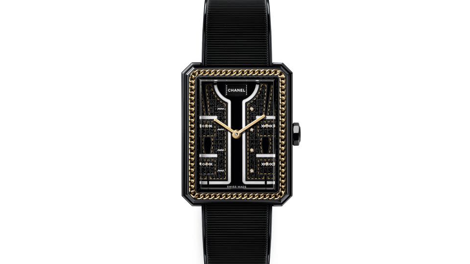 Chanel Boyfriend Couture in steel, 18K yellow gold, black lacquer, black spinel and diamonds on a leather strap, $10,300 chanel.com. Available from June - Courtesy Chanel