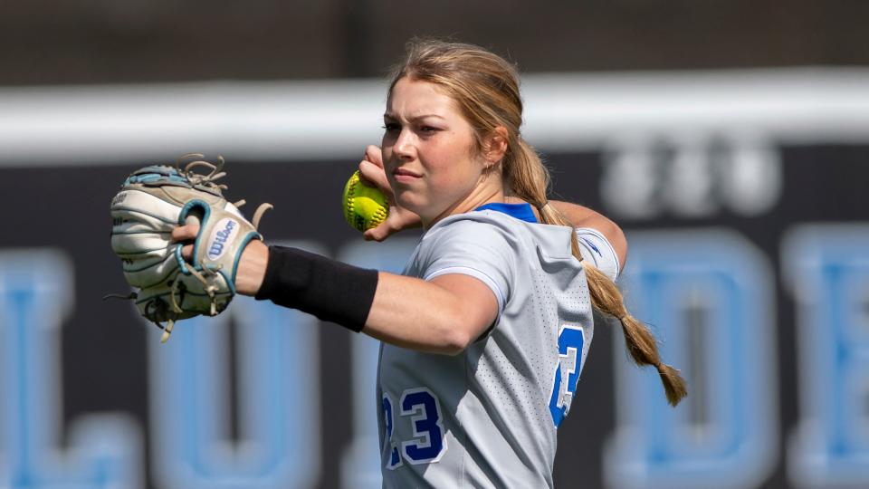 Duke's Sarah Goddard (23) makes a throw during an NCAA softball game on Sunday, March 20, 2022, in Durham, N.C. (AP Photo/Ben McKeown)