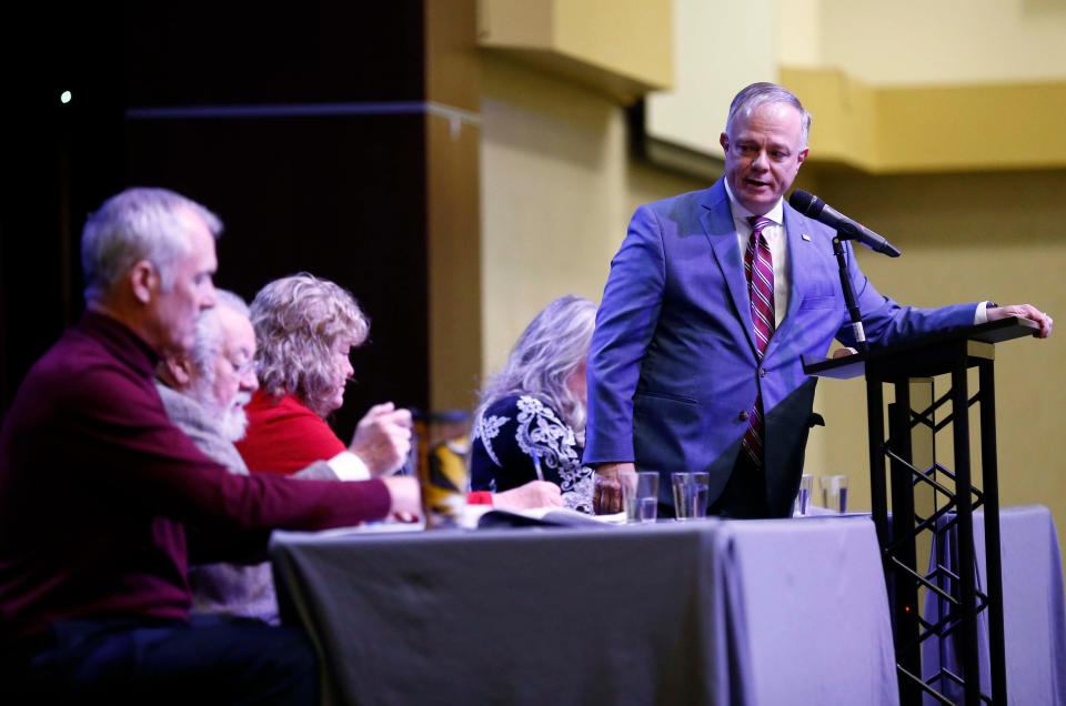 Greene County Clerk Shane Schoeller speaks during the GOP caucus at the Oasis Convention Center in north Springfield on March 2, 2024.