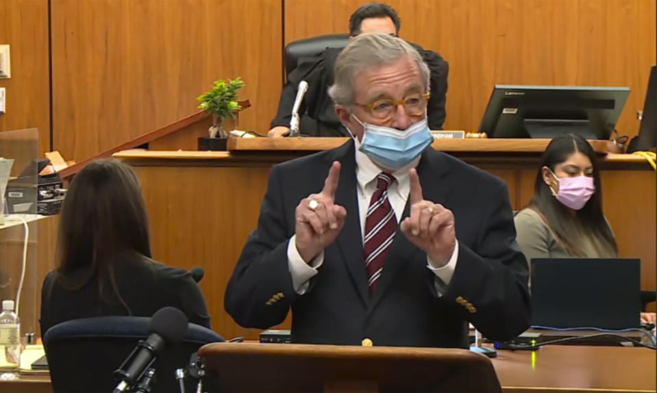 In this still image taken from the Law&Crime Network court video, defense attorney Dick DeGuerin presents a new round of opening statements in the murder case against Durst after a 14-month recess due to the coronavirus pandemic in Los Angeles County Superior Court in Inglewood, Calif., on Wednesday, May 19, 2021. Durst, 78, an heir to a New York commercial real estate empire, is charged with first-degree murder in the slaying of his best friend, Susan Berman. (Law&Crime Network via AP, Pool)