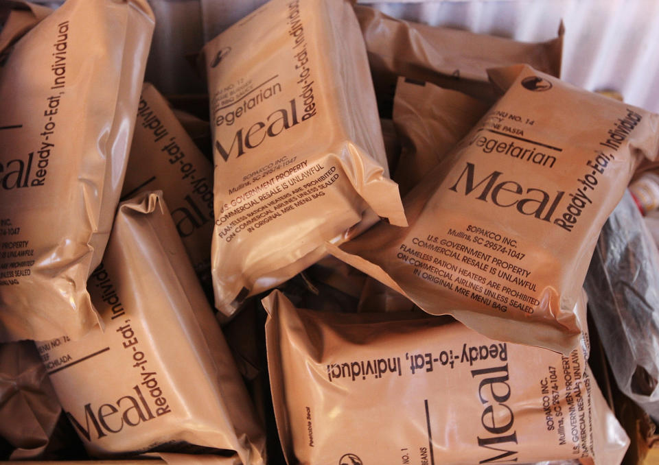 MRE's stacked in boxes. (Chuck Liddy / Raleigh News and Observer Getty Images file)