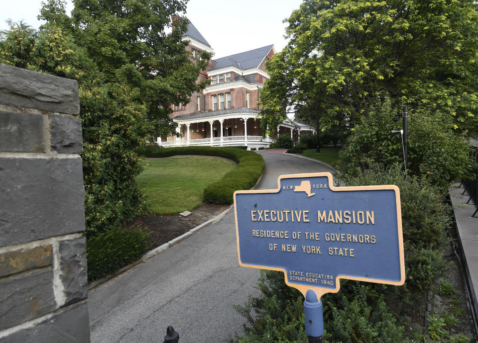 Exterior view of the New York state Executive Mansion, Saturday, Aug. 7, 2021, in Albany, N.Y. An investigation found that New York Gov. Andrew Cuomo sexually harassed multiple women in and out of state government. (AP Photo/Hans Pennink)