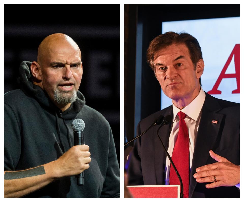 John Fetterman, Mehmet Oz / Credit: Nate Smallwood/Getty Images, Stephanie Keith/Getty Images