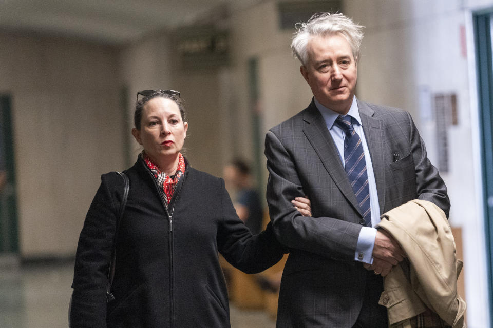 Defendant former Rock & Roll Hall of Fame curator Craig Inciardi, right, arrives at supreme court, Thursday, Feb. 22, 2024, in New York. A judge in New York will continue hearing testimony today in a criminal case involving ownership of the handwritten lyrics for the songs on the "Hotel California" album by The Eagles. (AP Photo/Mary Altaffer)