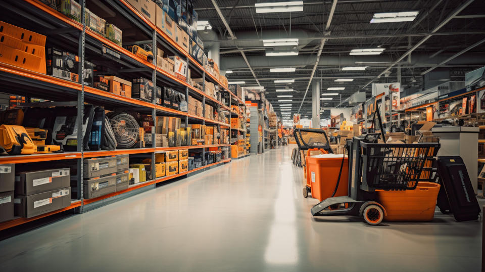 A Home improvement store aisle with multiple types of building products on display.