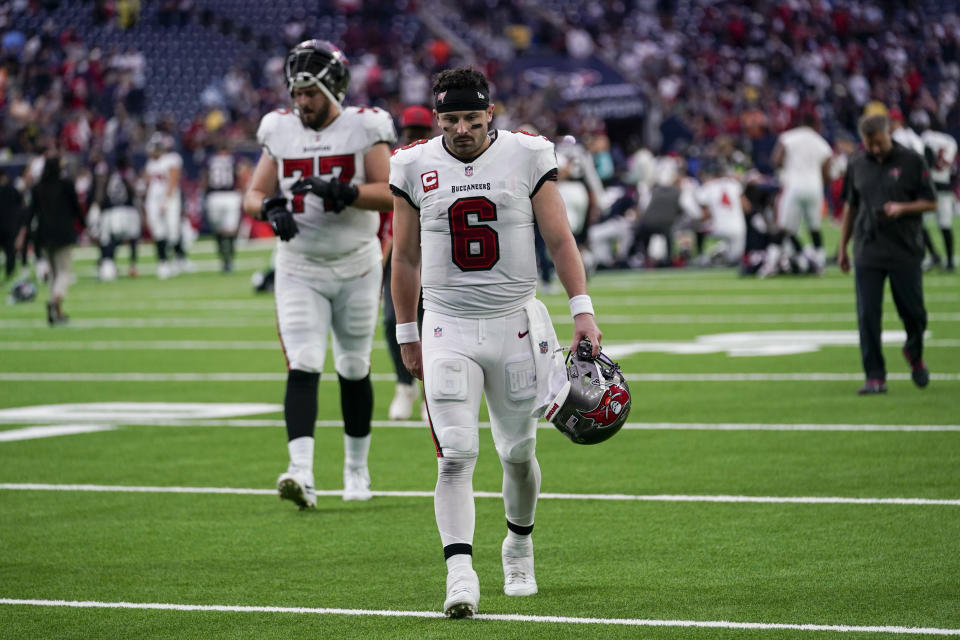 Tampa Bay Buccaneers quarterback Baker Mayfield leaves the field following an NFL football game against the Houston Texans, Sunday, Nov. 5, 2023, in Houston. The Texans won 39-37. (AP Photo/Eric Gay)