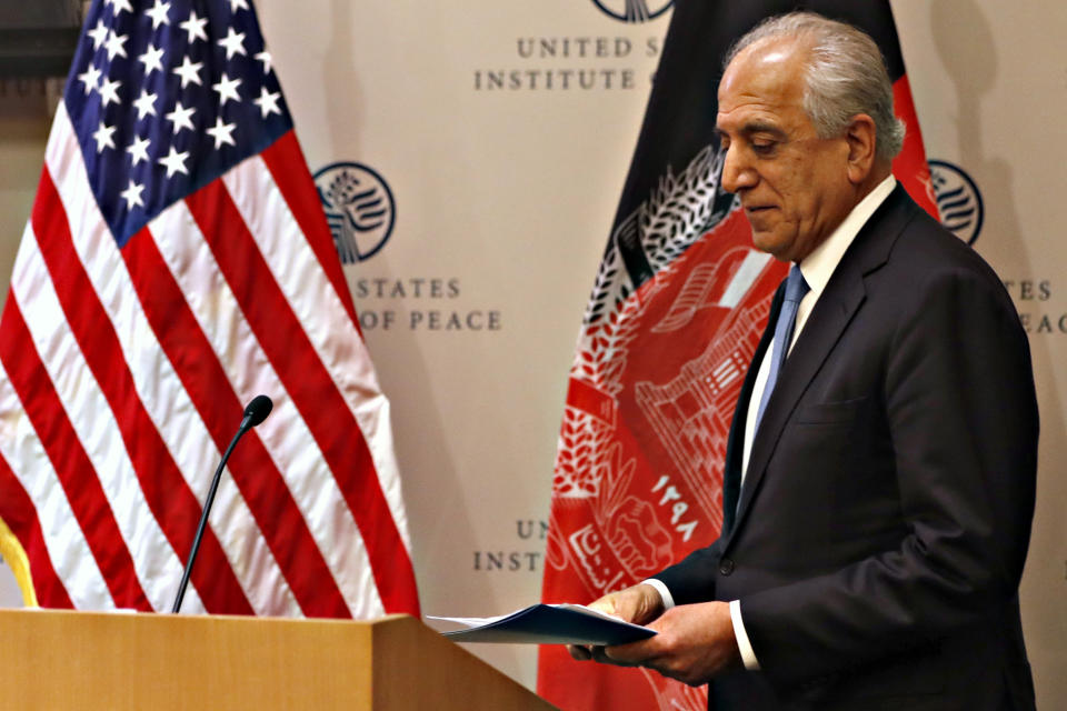 Special Representative for Afghanistan Reconciliation Zalmay Khalilzad approaches the microphone to speak on the prospects for peace, Friday, Feb. 8, 2019, at the U.S. Institute of Peace, in Washington. (AP Photo/Jacquelyn Martin)