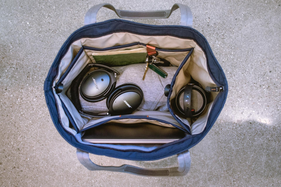 the bellroy tokyo tote bag with our daily stuff inside it at work