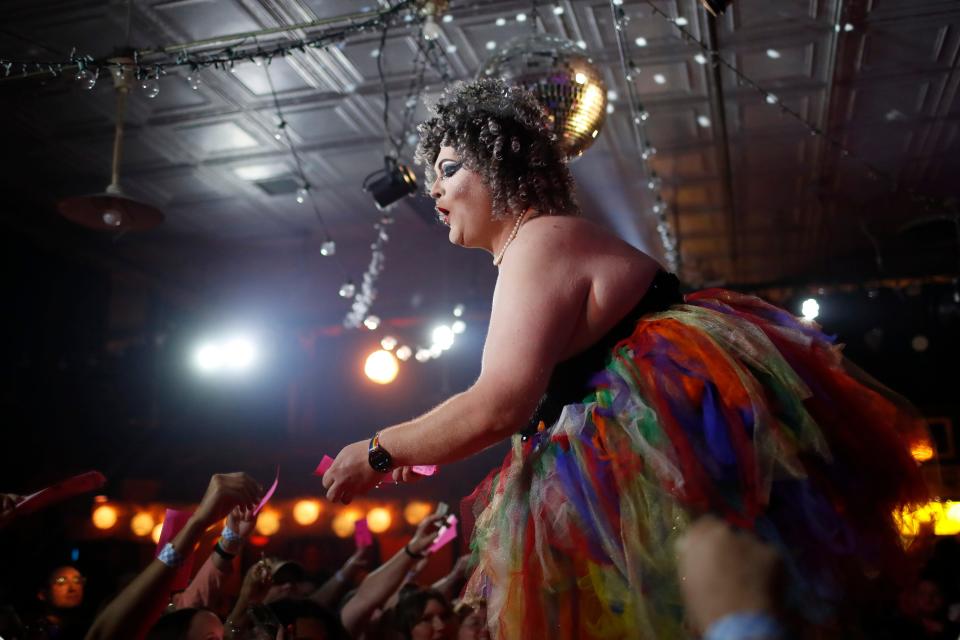 Kellie Divine performers for the crowd during the 35th Boybutante Ball at the 40 Watt Club in Athens, Ga., on Saturday, April 20, 2024. The Boybutante Ball is the Boybutante Aids Foundations biggest event of the year and has raised 1.2 million dollar over the last 35 years to support programs for people living with HIV/AIDS, and educational programs targeted at HIV/AIDS prevention.