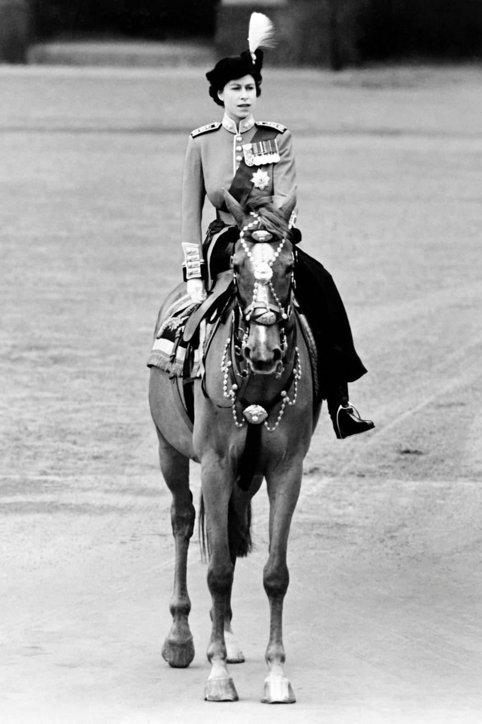 The Queen riding side-saddle in 1962 at Trooping the Colour (Getty Images)