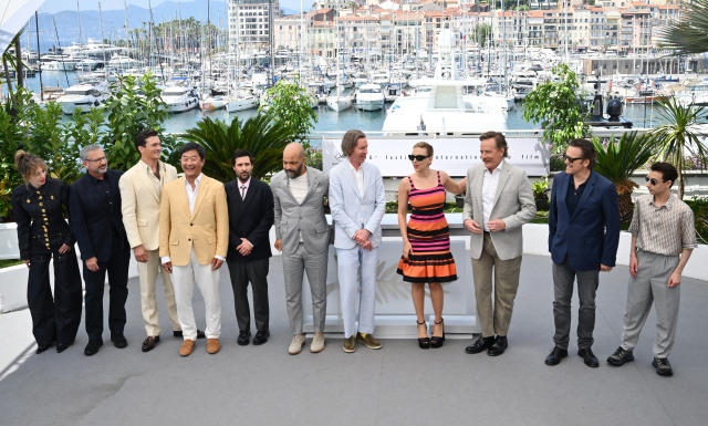 Maya Hawke, Steve Carell, Rupert Friend, Steve Park, Jason Schwartzman, Jeffrey Wright, Wes Anderson, Scarlett Johansson, Bryan Cranston, Matt Dillon and Jake Ryan at the “Asteroid City” Photocall at the 76th Cannes Film Festival held at the Palais des Festivals on May 24, 2023 in Cannes, France. (Photo by Michael Buckner/Variety via Getty Images)