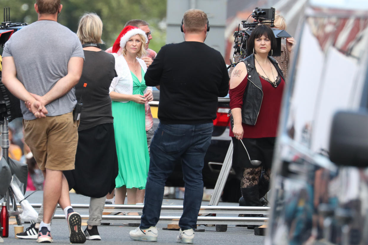 (third left to right) Joanna Page, James Corden and Ruth Jones during filming for the Gavin and Stacey Christmas special at Barry in the Vale of Glamorgan, Wales.