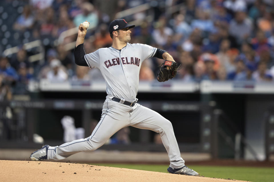 Cleveland Indians starting pitcher Adam Plutko delivers against the New York Mets during the first inning of a baseball game Wednesday, Aug. 21, 2019, in New York. (AP Photo/Mary Altaffer)