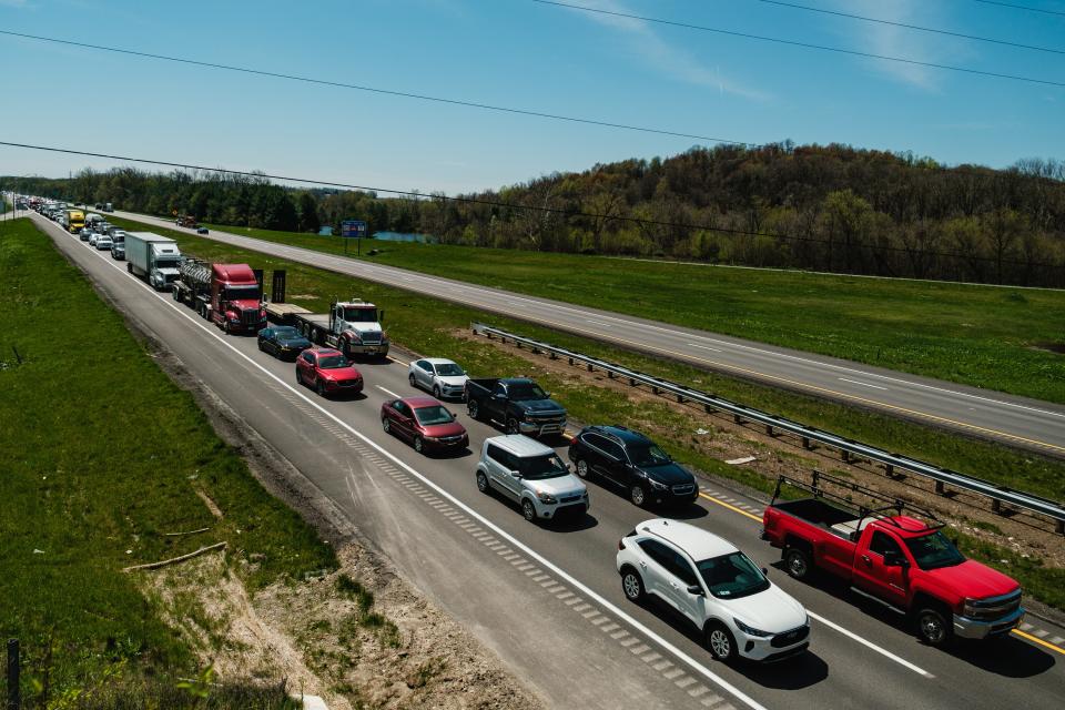 Traffic is seen backed up while the northbound lanes of I-77 are closed due to a two-car crash on Tuesday in Dover Township.