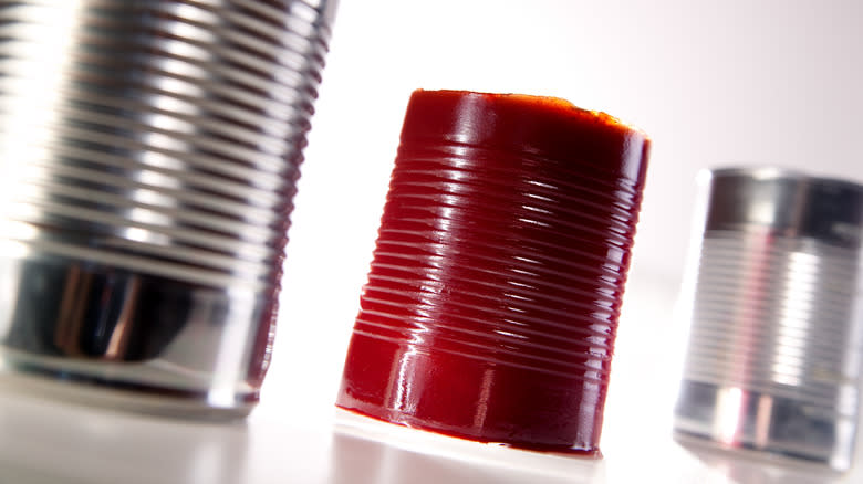 Unmolded cranberry sauce between two cans