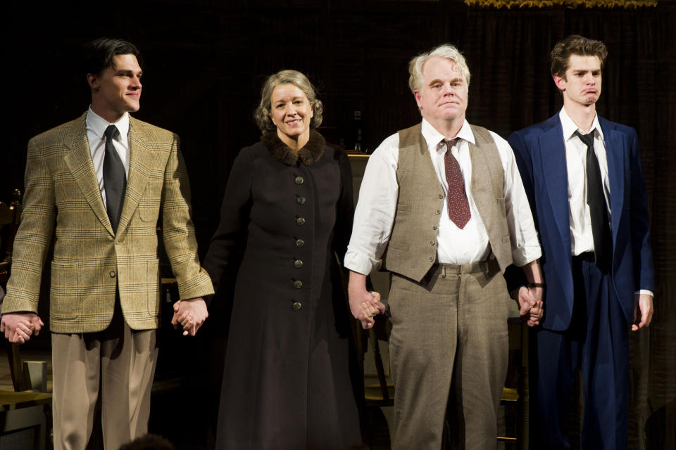 In this March 15, 2012 file photo, actors from left, Finn Wittrock, Linda Emond, Philip Seymour Hoffman and Andrew Garfield appear at the curtain call for the opening night performance of the Broadway revival of Arthur Miller's "Death of A Salesman" in New York. (AP Photo/Charles Sykes, file)