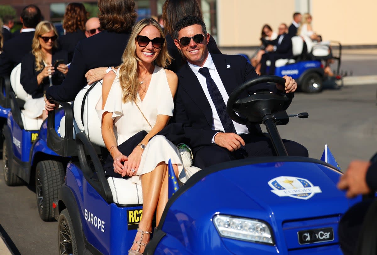 Rory McIlroy and wife Erica Stoll arrive at the opening ceremony for the 2023 Ryder Cup at Marco Simone Golf Club on September 28, 2023 in Rome, Italy (Getty Images)