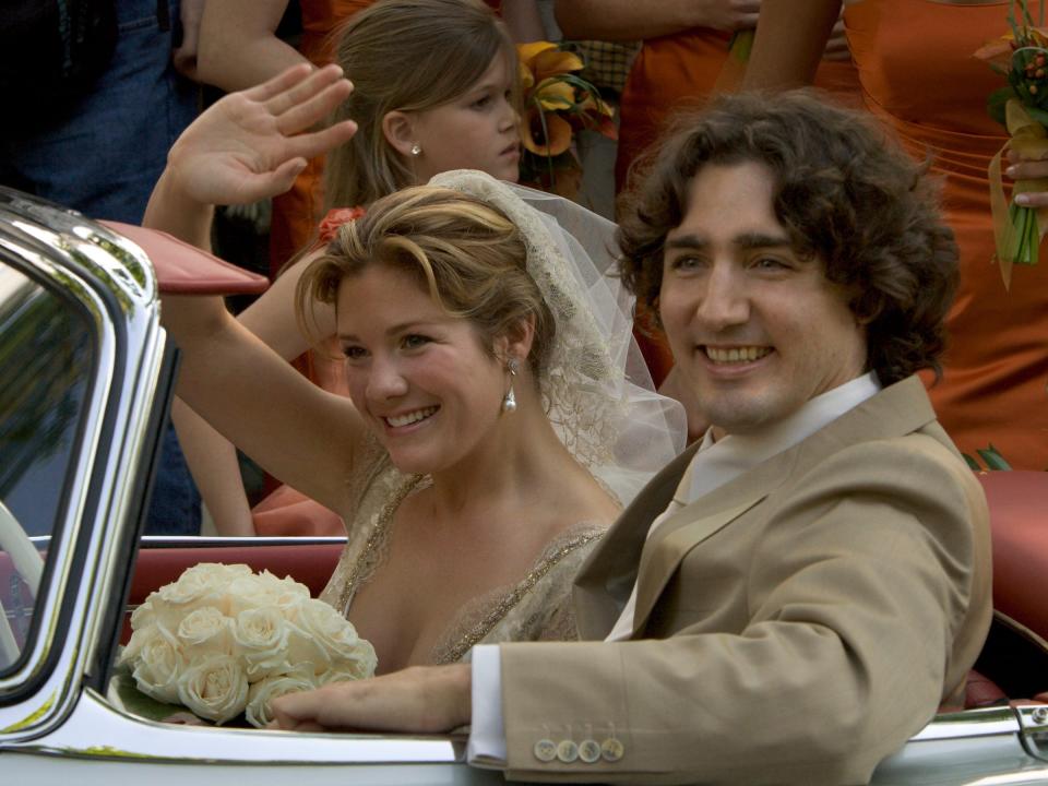 Justin Trudeau and bride Sophie Gregoire leave the Sainte-Madeleine D'Outremont Church, Montreal, after their wedding ceremony here, May 28, 2005.