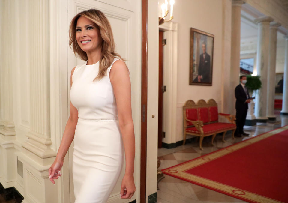 WASHINGTON, DC - SEPTEMBER 14:  U.S. First Lady Melania Trump arrives at a roundtable on sickle cell disease in the State Dining Room of the White House on September 14, 2020 in Washington, DC. The First Lady held the event “to support those affected by Sickle Cell Disease, and to reaffirm our goal of finding a cure.” (Photo by Alex Wong/Getty Images)