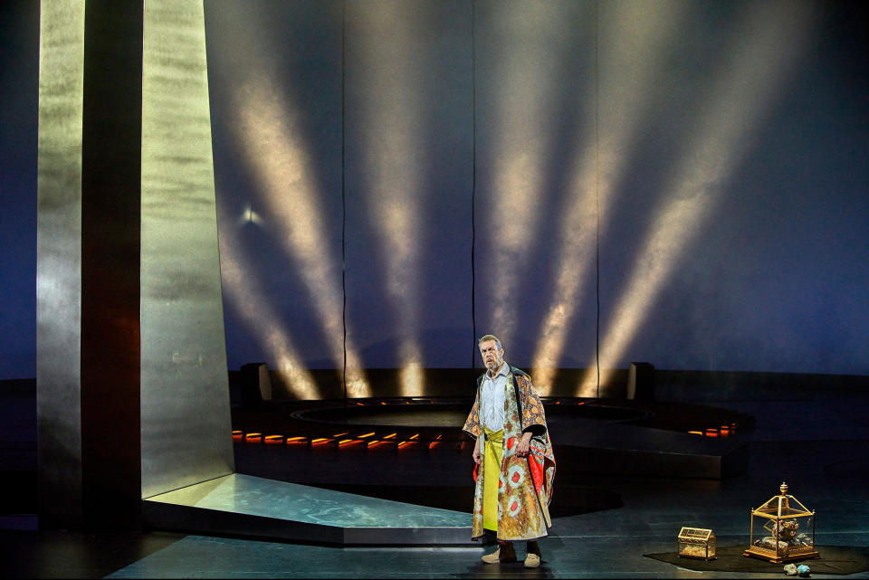 This image released by the Bayreuth Festival shows Bass Georg Zeppenfeld as Gurnemanz in the first act of Jay Scheib's production of Wagner's "Parsifal" at the Bayreuth Festival 2023 in Bayreuth, Germany. (Enrico Nawrath/Bayreuth Festival via AP)