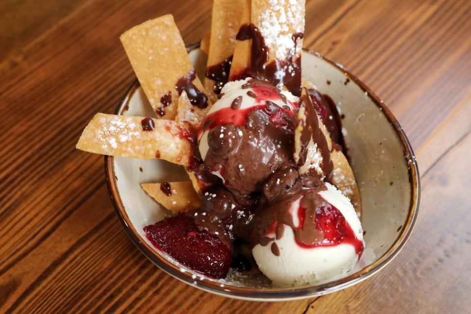 Nacho Sundae with warm tortilla chips drizzled with chocolate sauce, vanilla gelato, topped with mixed berry coulis at Gordito, a new Latin restaurant in Rye, April 15, 2024.