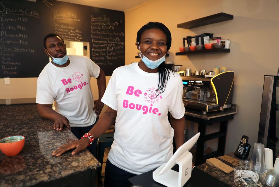 Donte Charlton and Charmaine Sanchez at Bougie Brews, their coffee shop on Main Street in Yonkers, July 2, 2020.