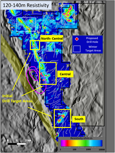 RLX property showing -120-140m resistivity slice, target areas and proposed drill holes on shadow mag base map.